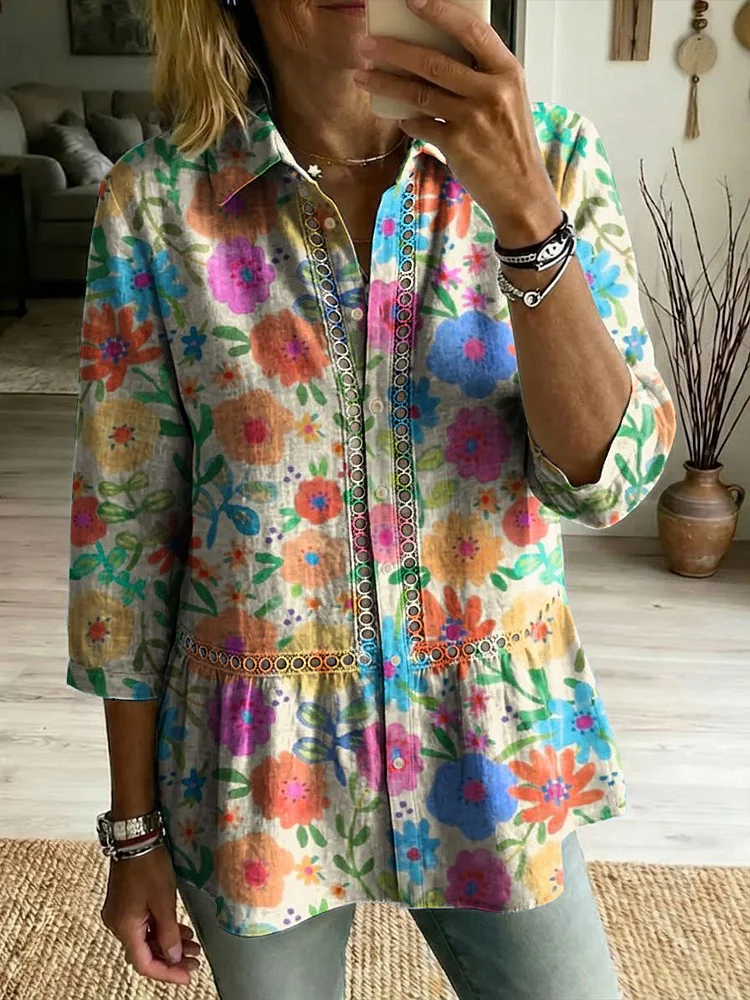 Floral Flowers Art Patterns Casual Patchwork Openwork Webbing Linen And Cotton Shirt
