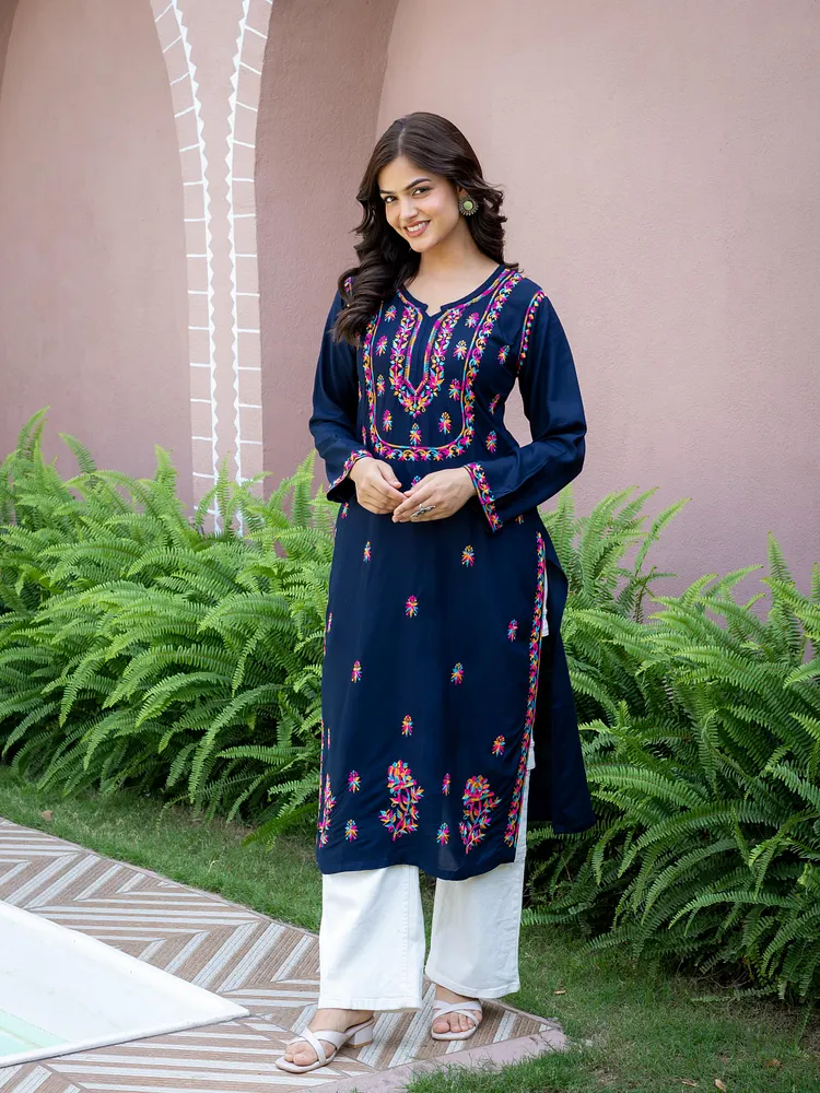 Women Navy Blue Multicolor Embroidered Straight Kurta | Round Neck with Slit | Ethnic Wear