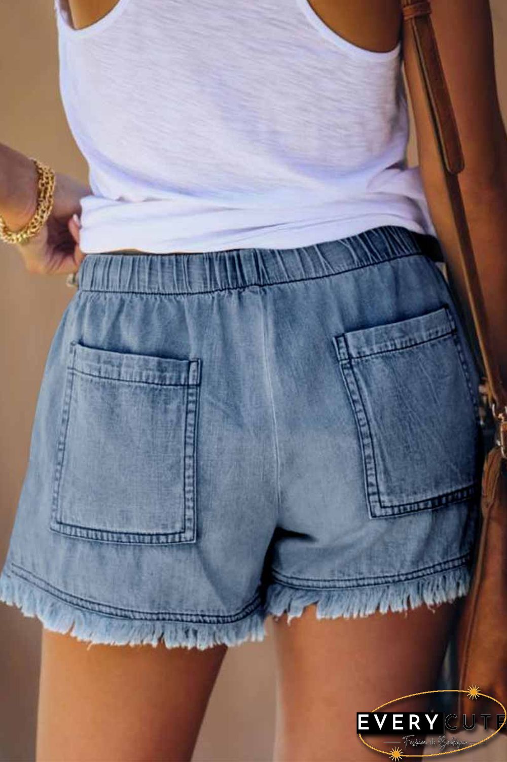 Lace-up Fringed Thin Denim Shorts