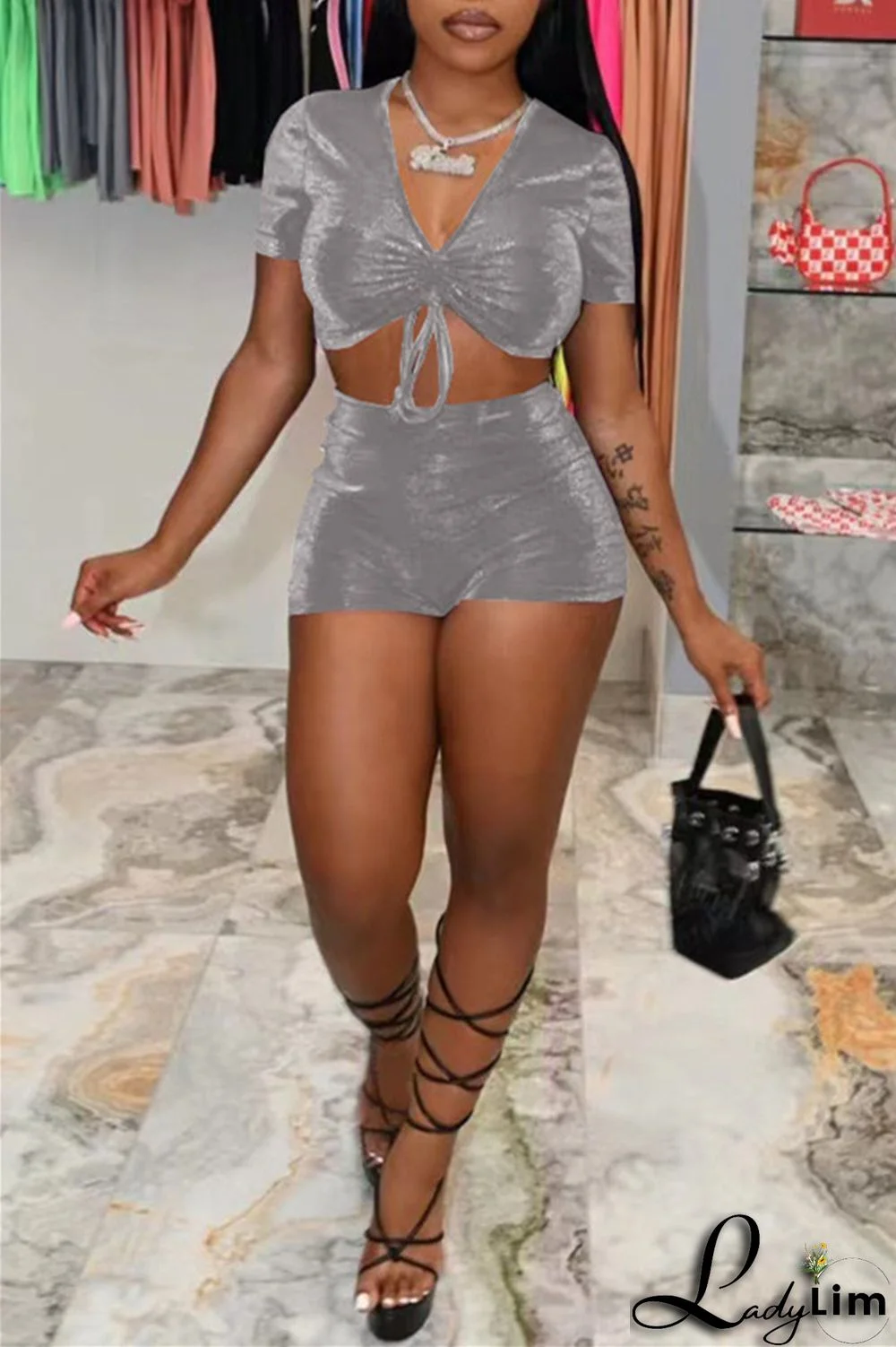 Purple Fashion Casual Solid Draw String Frenulum V Neck Short Sleeve Two Pieces