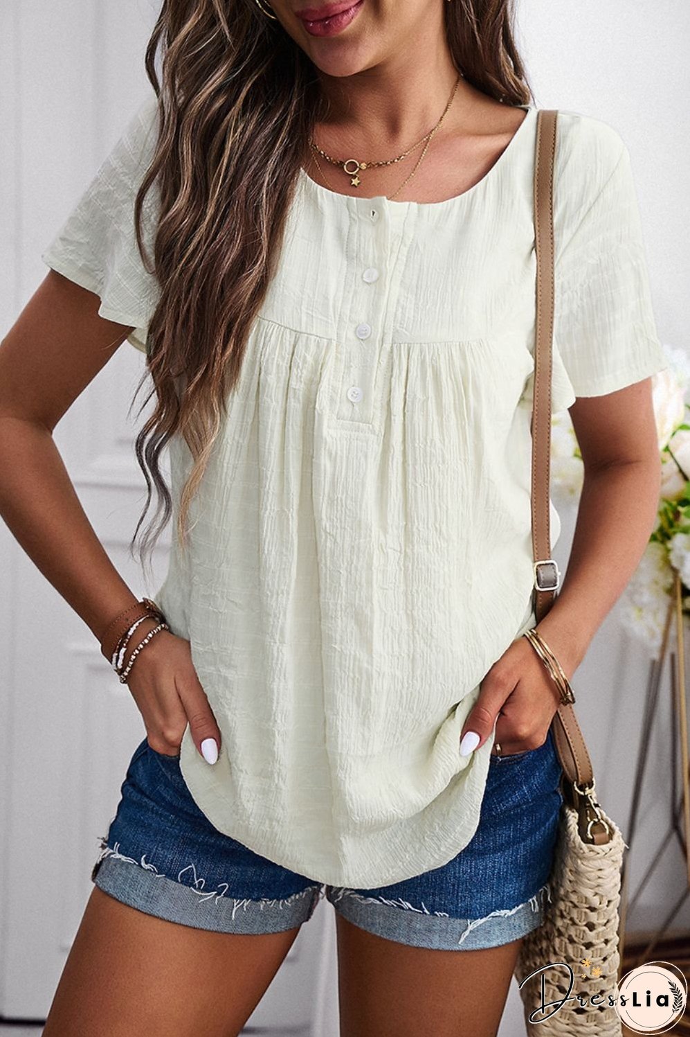 Quarter-Button Round Neck Short Sleeve Top