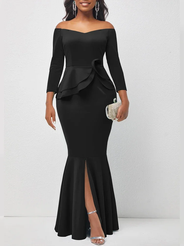 Spontork 2025 Summer Dresses for Women Solid Off Shoulder Ruffled Split Evening Dress  Casual Elegant Maxi Robe Female