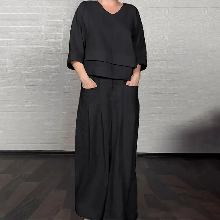 Women's Comfy Linen Blend Double Layer Design V-neck Top And Pants Two-piece Set
