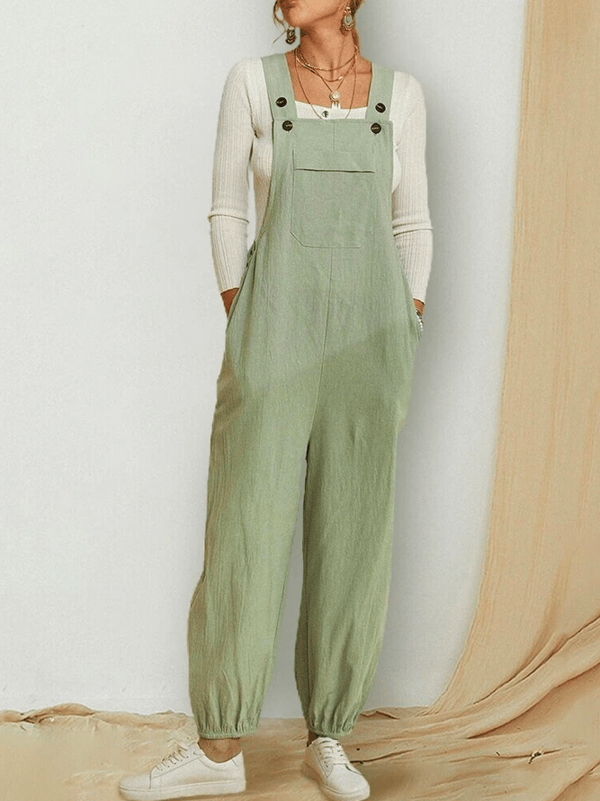 Women's Cotton And Linen Pure Color Plain Casual Pocket Jumpsuit