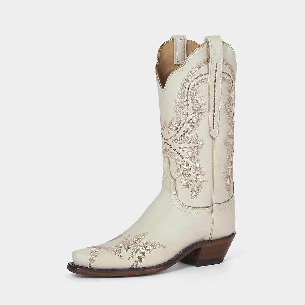 Ivory Snip Toe Block Heel Embroidered Western Boots for Women Nicepairs