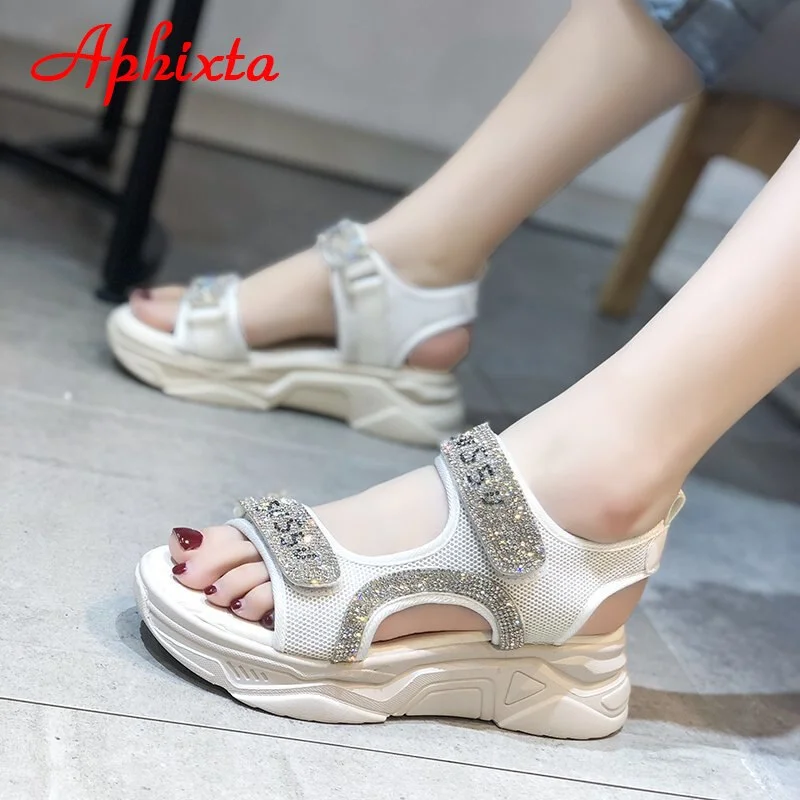 Aphixta 4.5cm Crystals Platform Sandals Women Casual Girl Hook & Loop Shoes Knitting Lightweight Sneaker Summer Zapatos Mujer