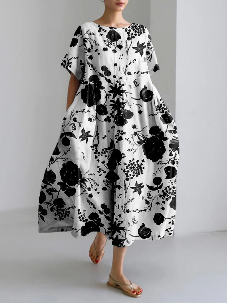 VChics Yin Yang Japanese Pattern Linen Blend Maxi Dress