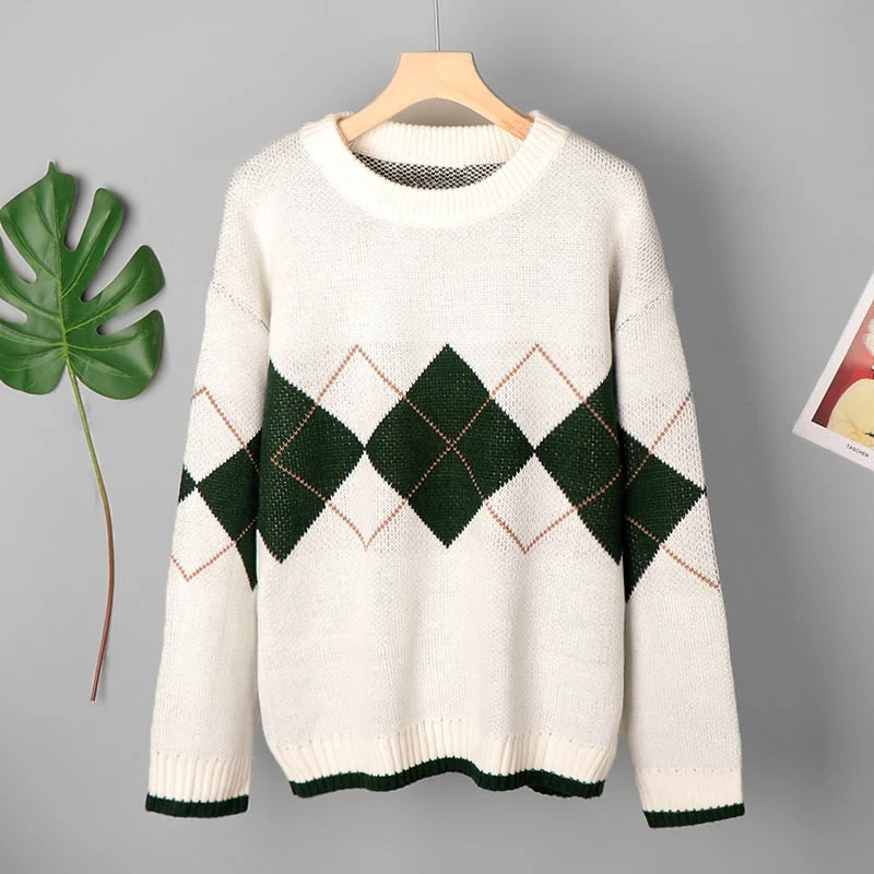 Women Argyle Sweaters Autumn Winter Pullovers Long Sleeve O-Neck Loose Knitted Korean Tops Casual Vintage Jumper Sueter Mujer