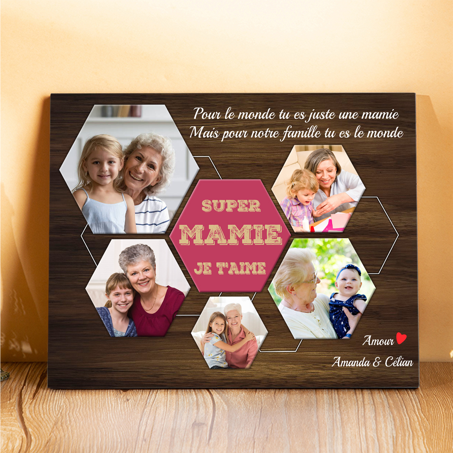 À ma Mamie - Cadre en Bois 2 Prénoms et 5 Photos Personnalisés Cadeau pour Super Mamie