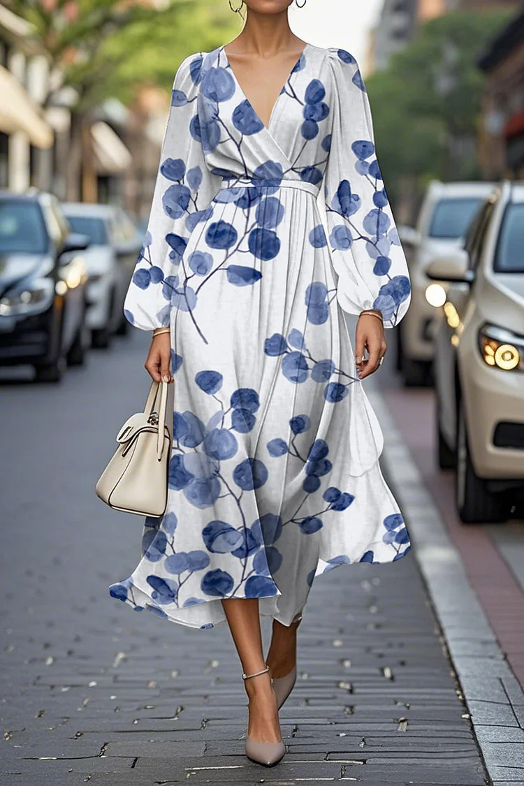 Elegant Floral Print Lantern Sleeve V-Neck A-Line Midi Chiffon Dress