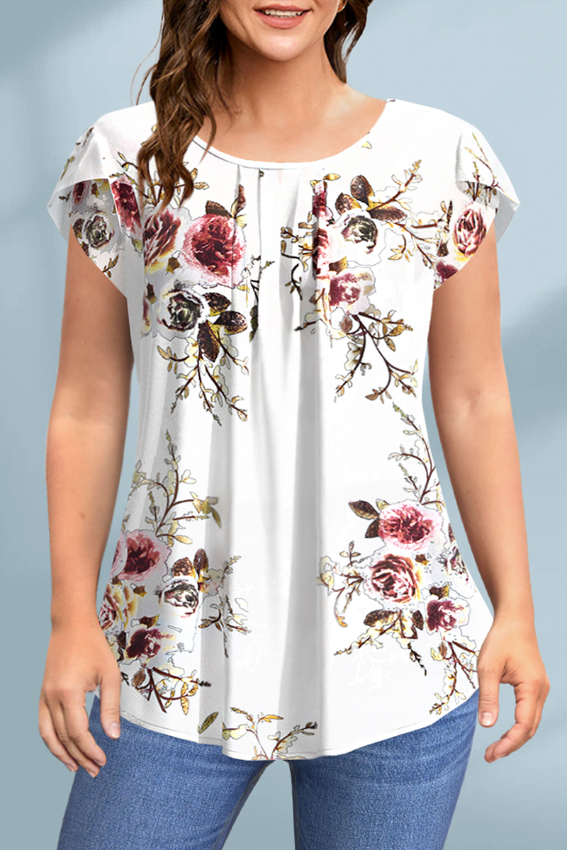 Flycurvy Plus Size Casual White Floral Print Flutter Sleeve Blouse