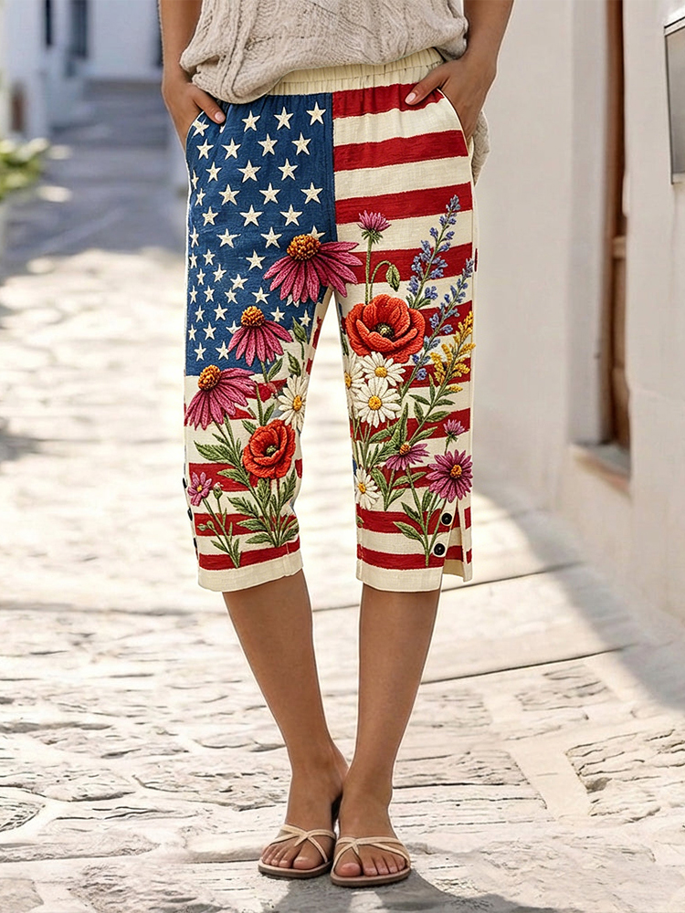  Vintage Floral Flag Inspired Pattern Cozy Linen Shorts Westsshops