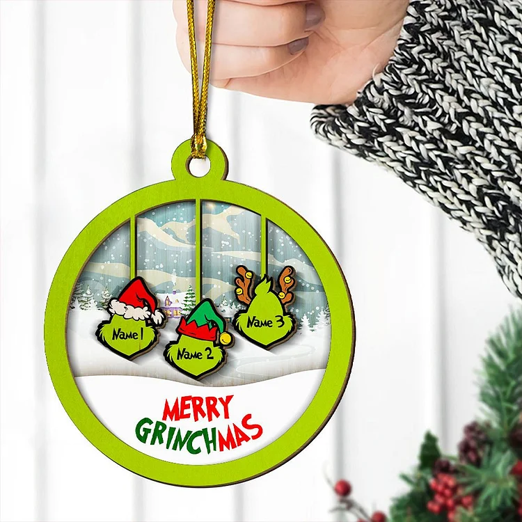 Merry Grinchmas Family Ornament Custom 3 Names Wooden Ornament