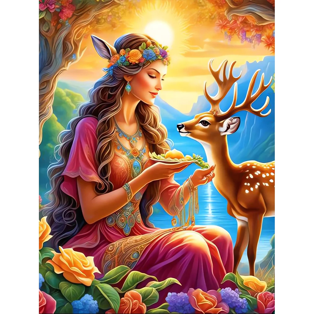 Full Round Diamond Painting - Deer And Girl(Canvas|40*50cm)