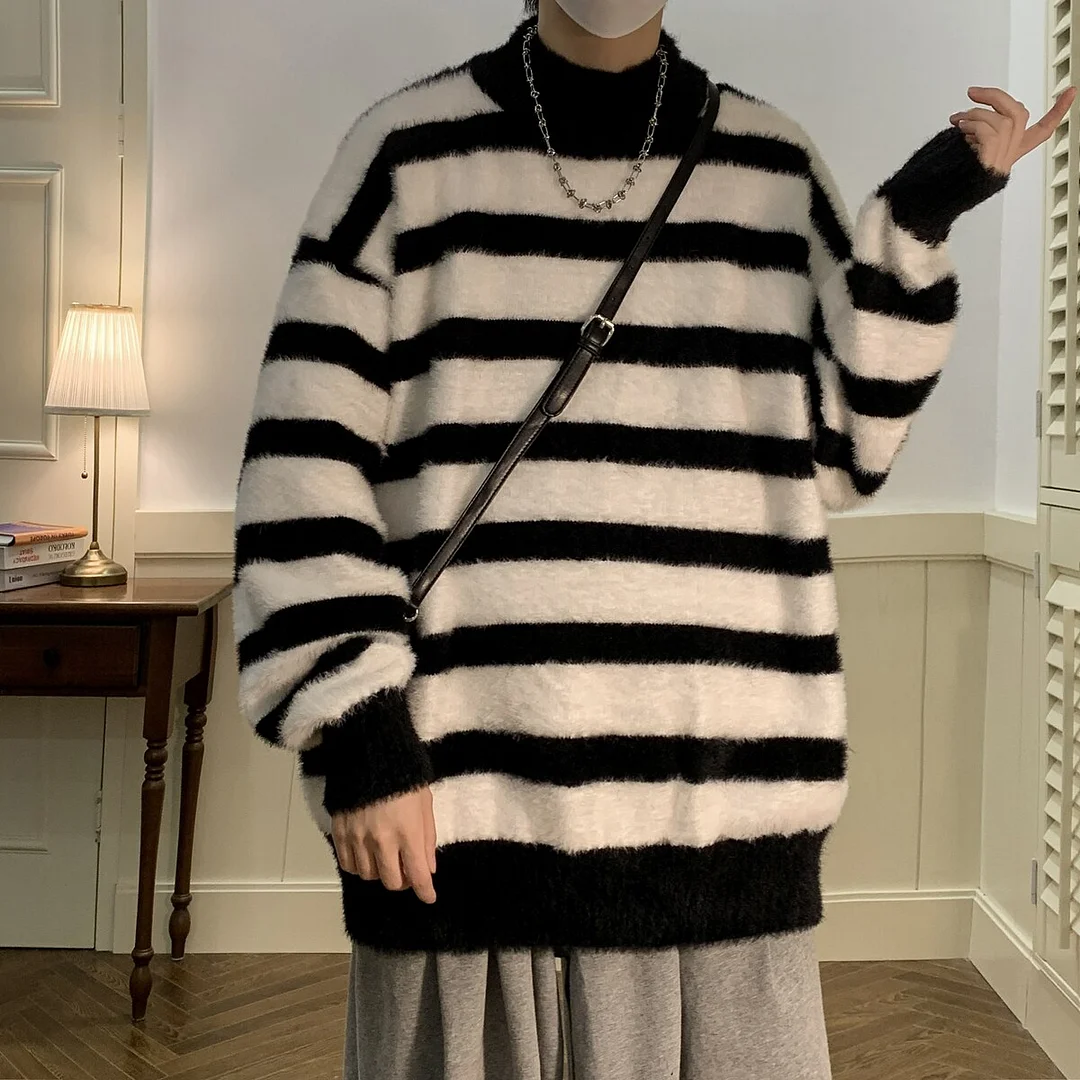 Aonga    Striped Men Sweaters Men's Pullovers Harajuku Streetwear Winter New Casual Loose Wool Warm Knited Turtleneck Pullovers Top 3XL