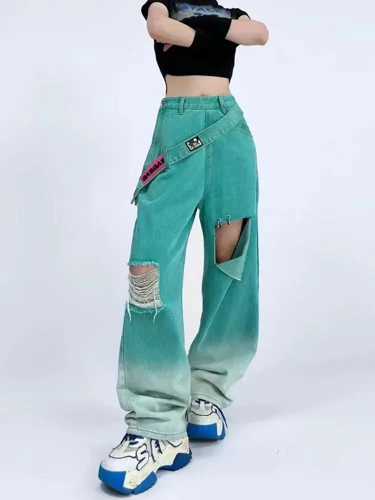 Brownm Denim Strap Baggy Jeans