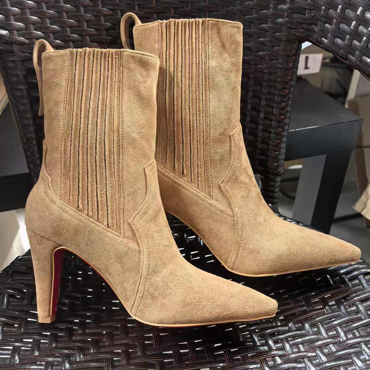 80mm Women's Heels Boots Red Bottom Khaki Suede Ankle Boots-MERUMOTE