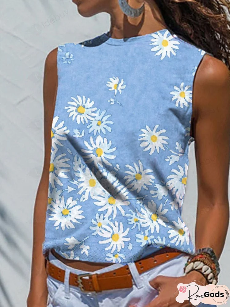 Sleeveless Floral-Print Casual Crew Neck T-Shirt