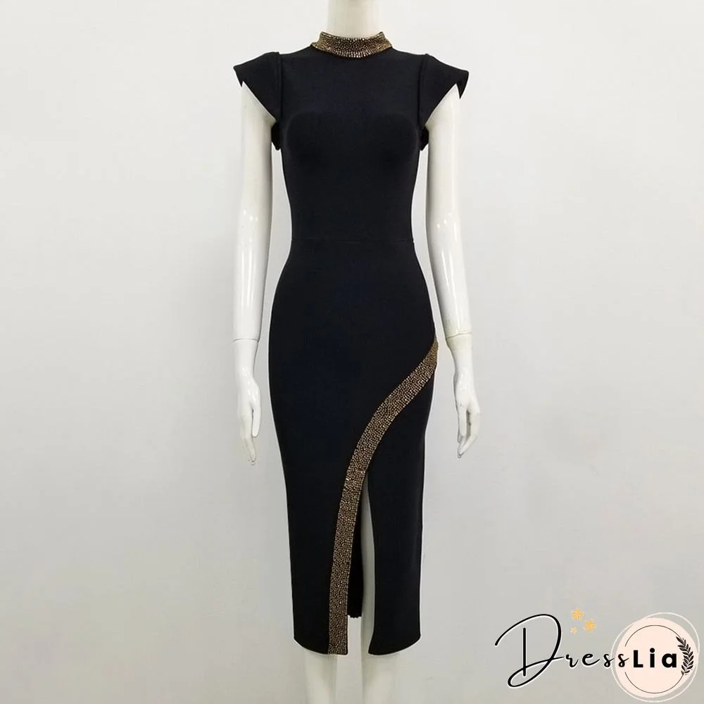 New Women Summer Sexy Turtleneck Beading Split Midi Black Bodycon Bandage Dress Elegant Evening Party Dress Vestidos