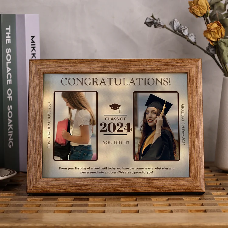 2024 Graduation Gift - Personalized 3 Year & 2 Photo & 1 Text Wood Frame Night Light LED Night Light Gift for Her/Him
