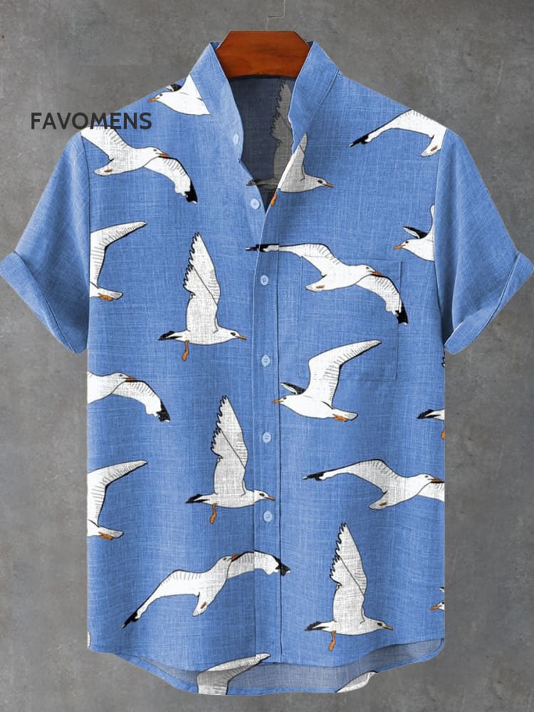 Decorative Pattern Of Seagulls Flying Under The Blue Sky Casual 100% Cotton Shirt Multicolor / S