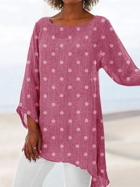 Women's Fashion Polka Dots Print Round Neck Long Sleeve Irregular Hem Pullover Top
