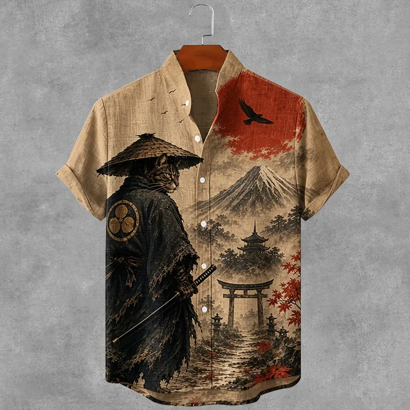 Vintage Japanese Warrior Cat Art Casual Cotton Linen Shirt  artssus