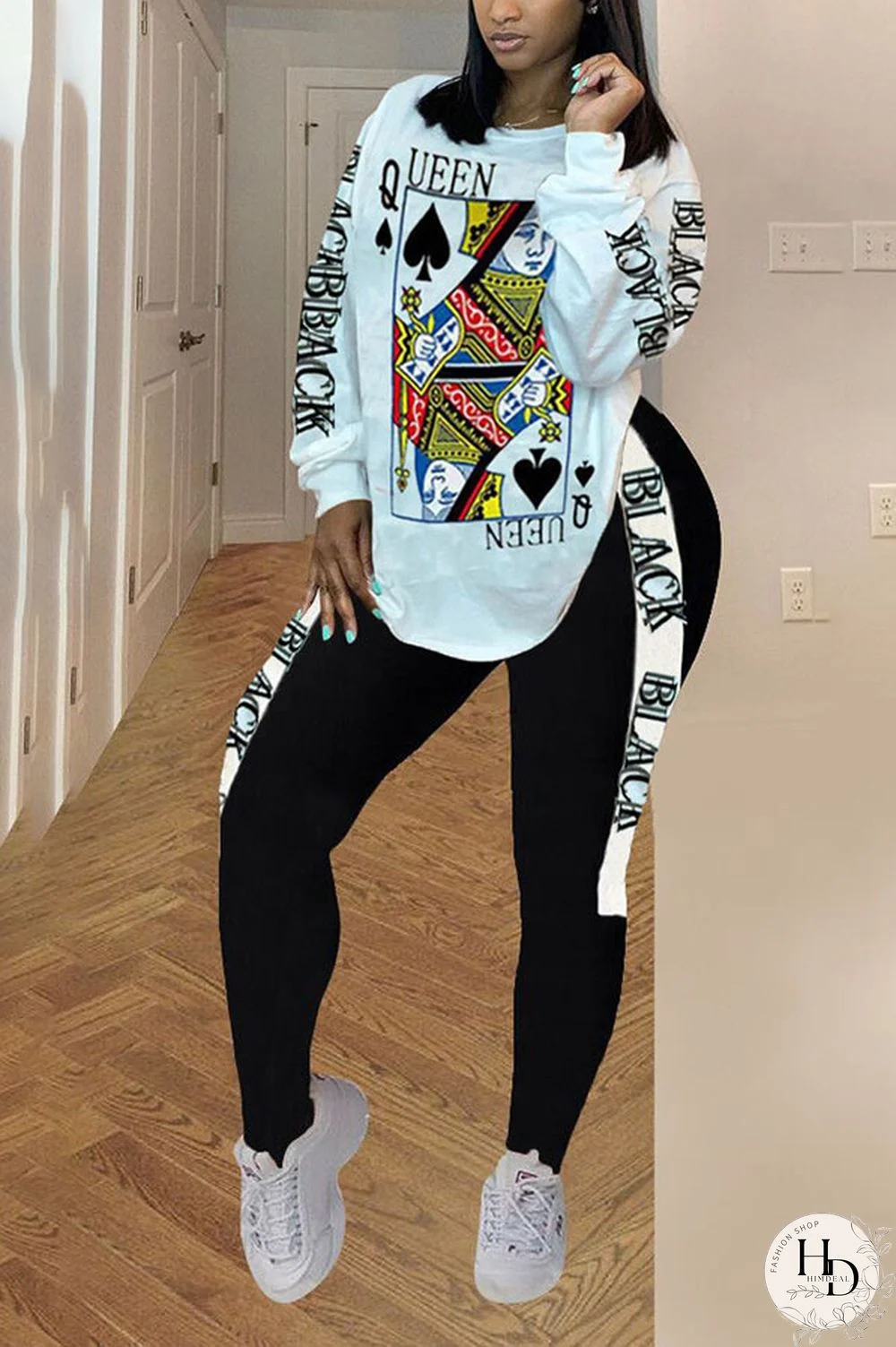 Black and white knit Casual Letter Print Newspaper pencil Long Sleeve Two Pieces