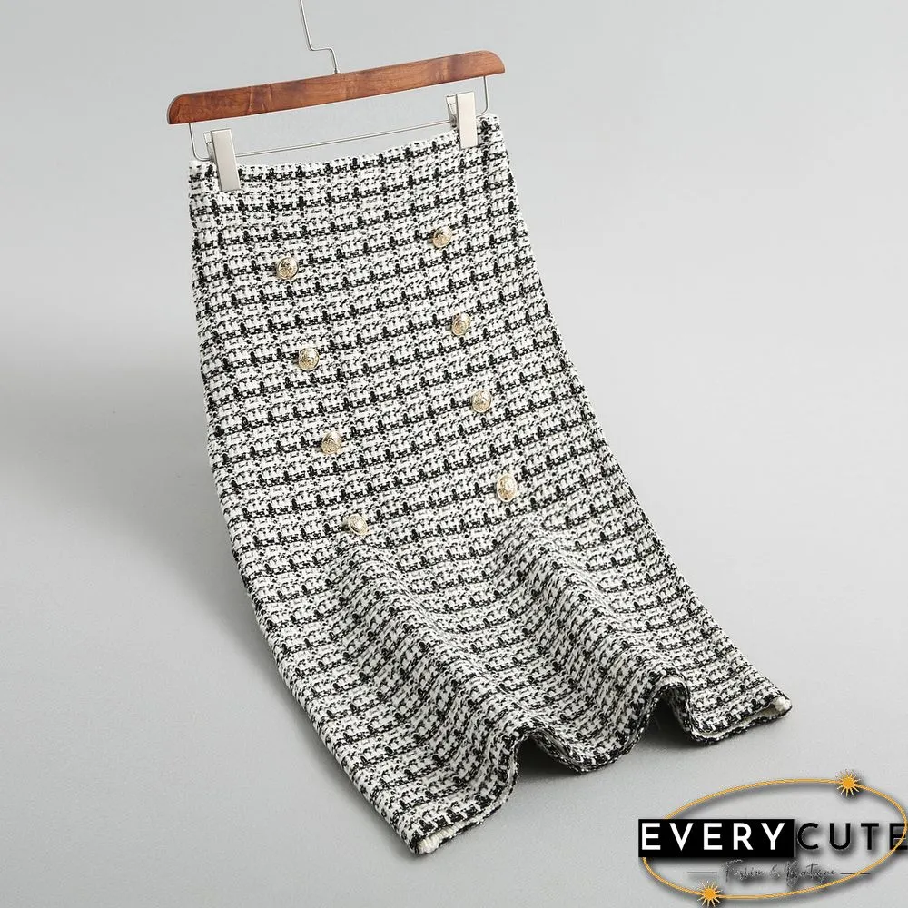 Spring Autumn Vintage Plaid Tweed Knitted Midi Skirt Womens Metal Button Elegant Office