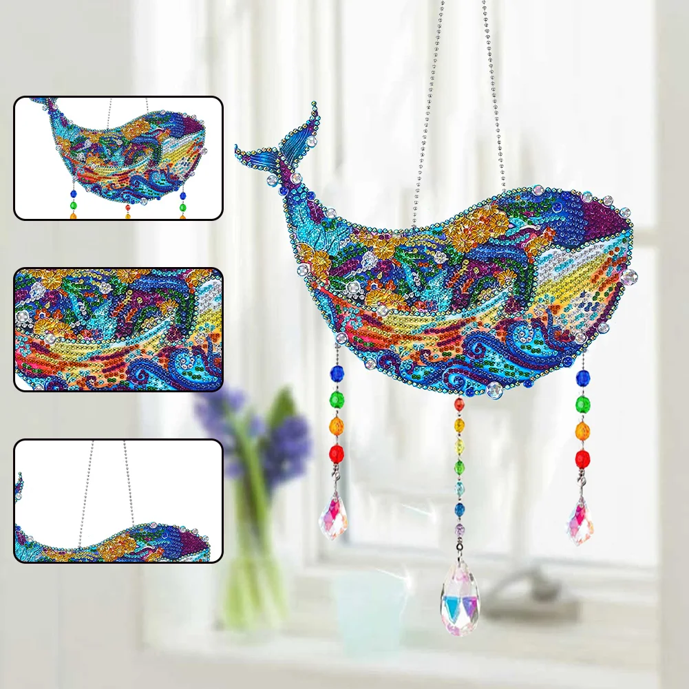 DIY Whale Wind Chimes Wreath Diamond Crystal Painting Ornament for Home Wall Decor
