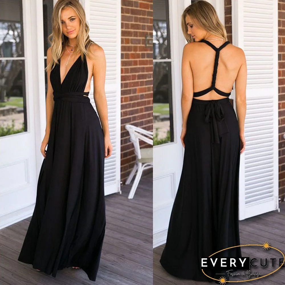 Black V Neck Knotted Shoulder Backless Pocket Jumpsuit