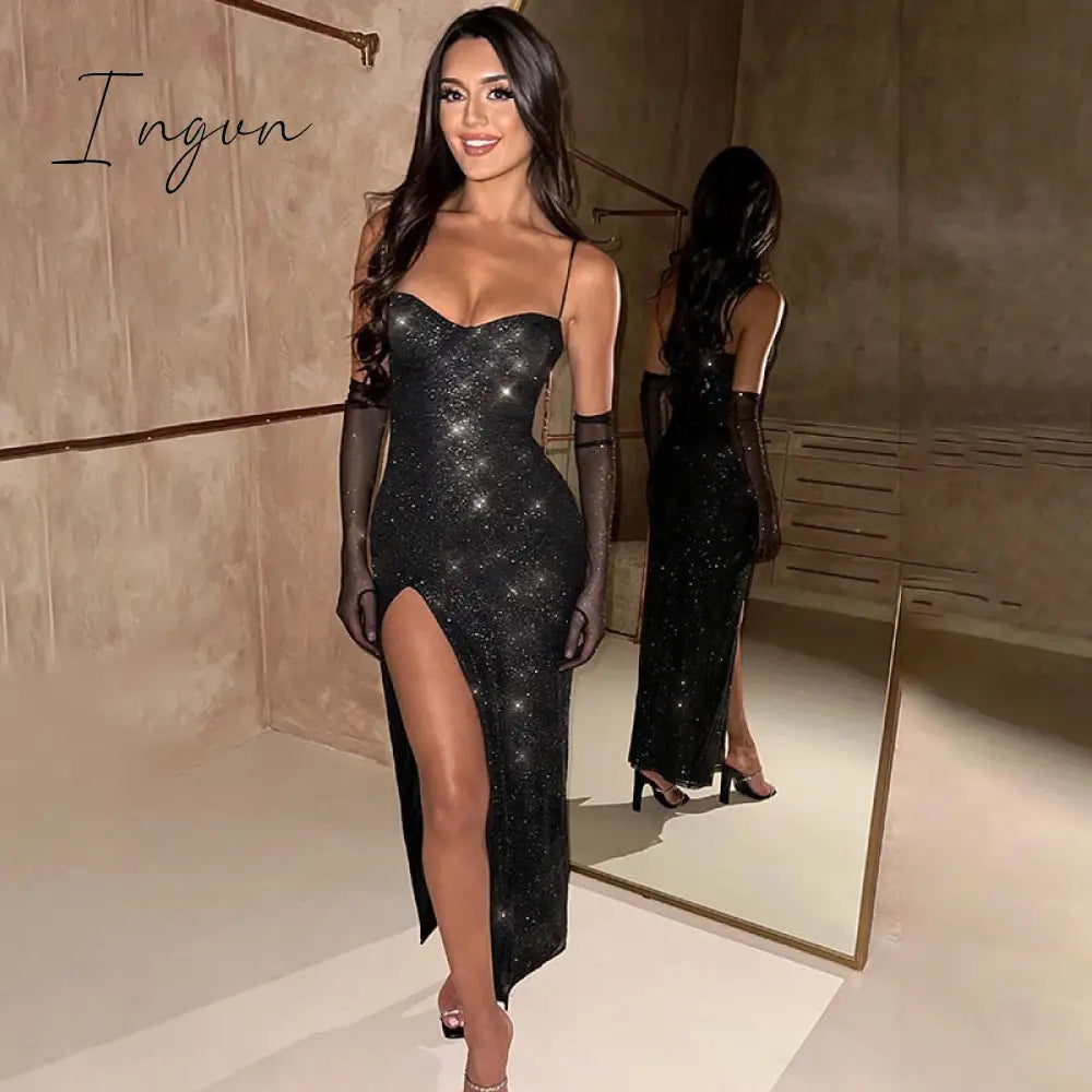 Ingvn - Sparkle Sexy Maxi Dress Women New Spaghetti Strap With Sleeve Backless Sleeveless Glitter