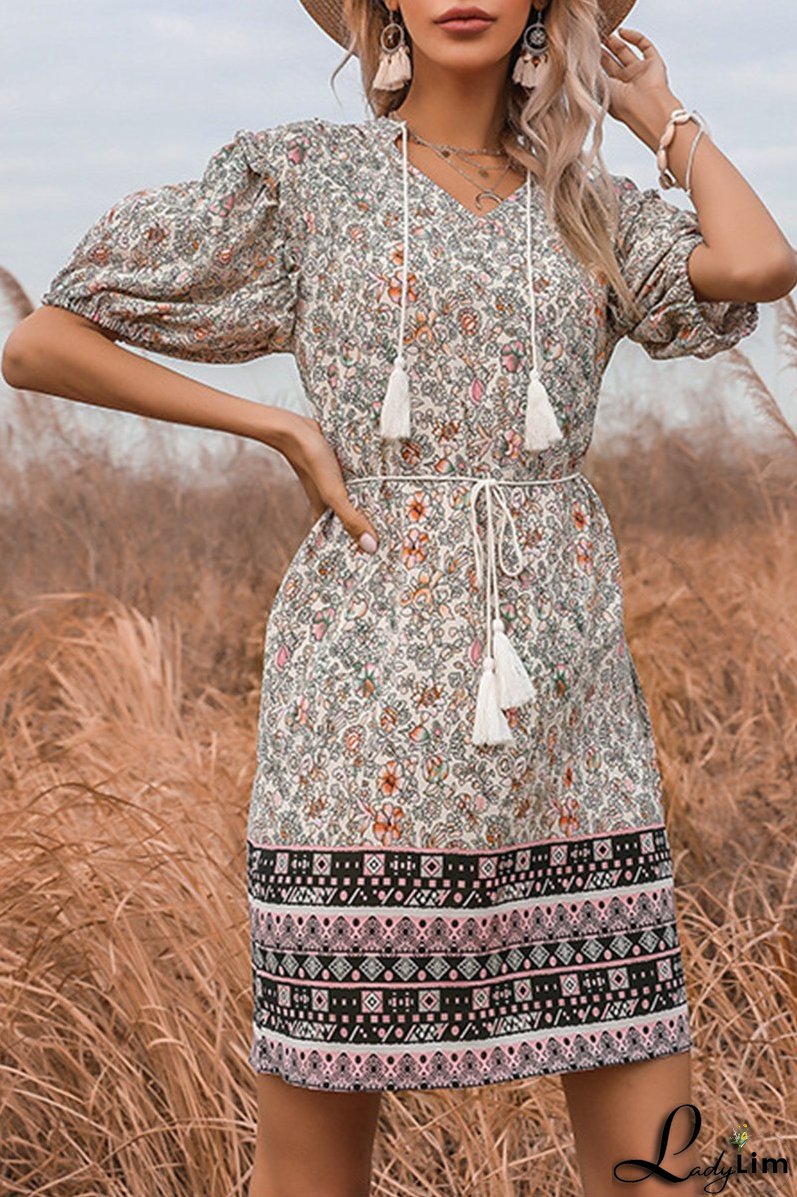 Elegant Floral Tassel Frenulum V Neck A Line Dresses