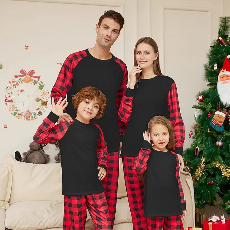 Christmas Red Plaids Print Family Matching Pajamas Set(Black)