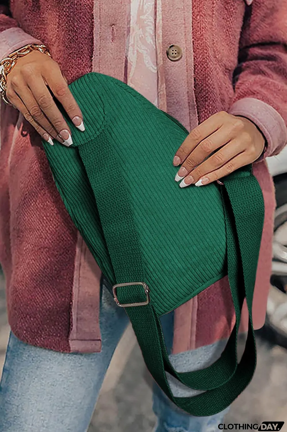 Blackish Green Christmas Sequined Santa Claus Corduroy Sling Bag