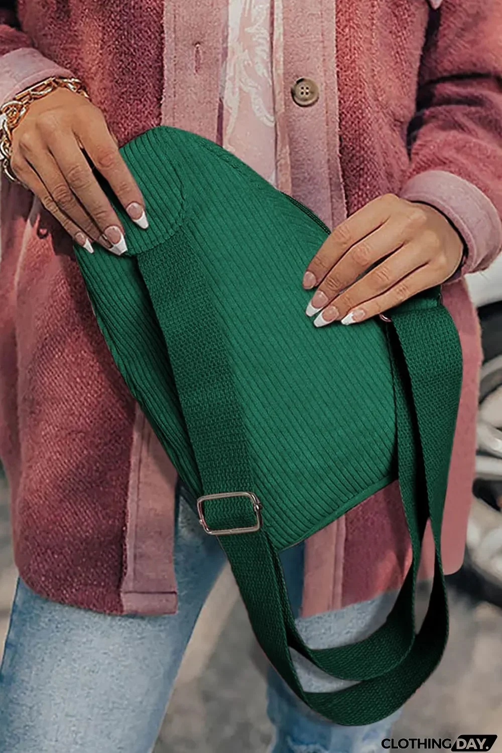 Blackish Green Christmas Sequined Santa Claus Corduroy Sling Bag