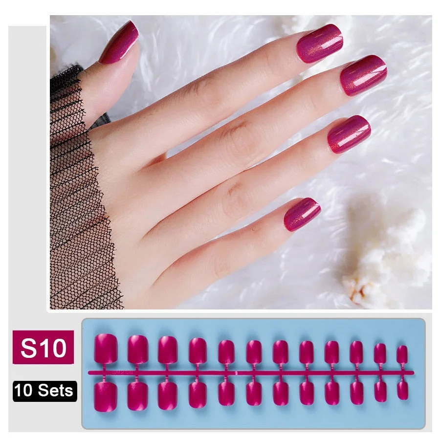10 Sets/Pack Mixed Solid Colors Coffin Round Square Almond Shape False Nails Full Cover Nail Tips Short Fake Nails Tip Manicure-Nail Inspo