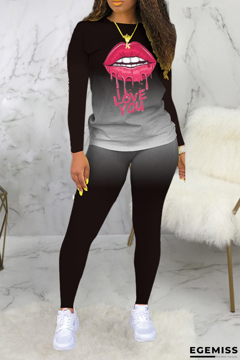 Black Casual Gradual Change Lips Printed Patchwork O Neck Long Sleeve Two Pieces | EGEMISS