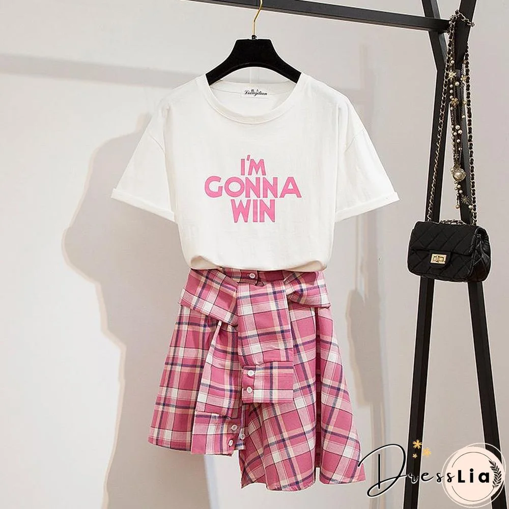 Basic Letter Tee+Plaid Skirt P10123