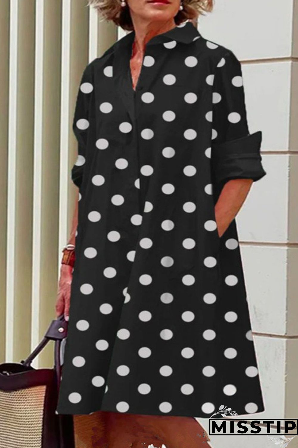 Black Casual Print Polka Dot Patchwork Buckle Turndown Collar Shirt Dress Dresses