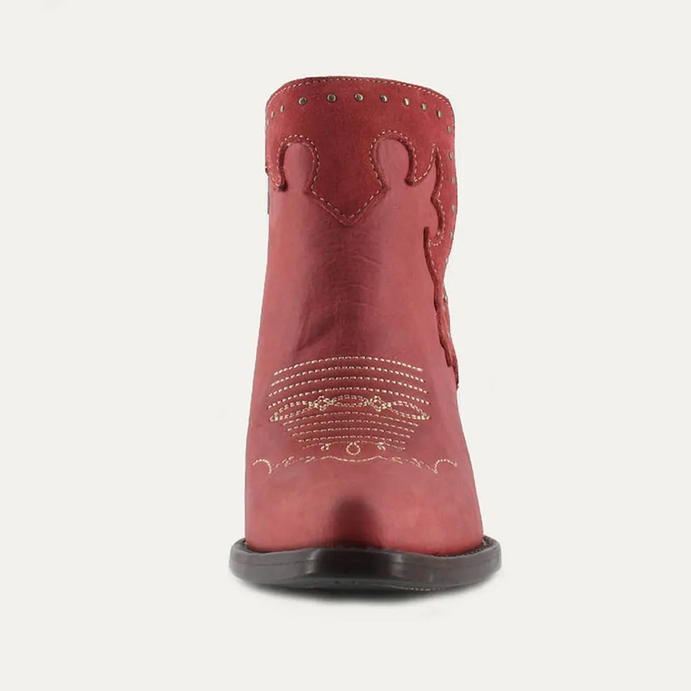 Red Snip Toe V-Cut Chunky Heel Studded Cowboy Boots for Women