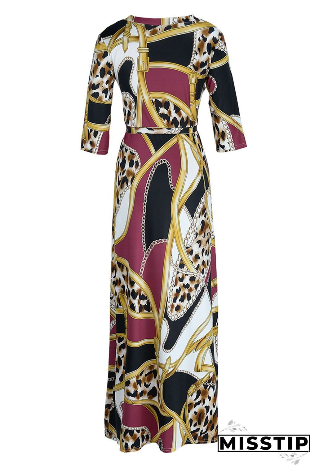 Brown Fashion Casual Print Bandage Patchwork V Neck Long Dress