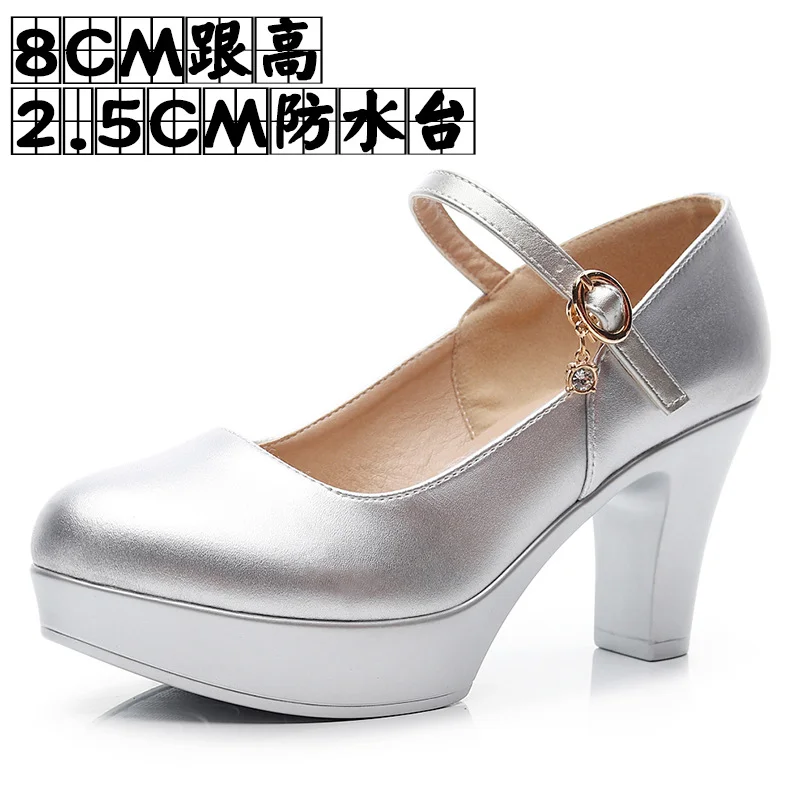 Breakj Breakj Head Buckle Waterproof Table 8CM High Heel Women's Shoes Thick-Soled Model Show Shoes Coarse Heel Work Shoes Silver Single Shoes
