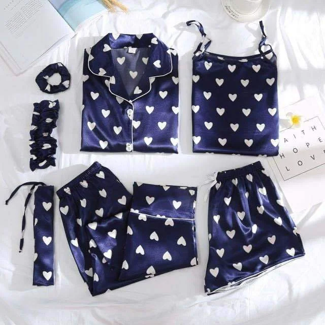 Seven-Piece Pajamas Women Spring And Autumn Summer Imitation Silk Long Sleeves