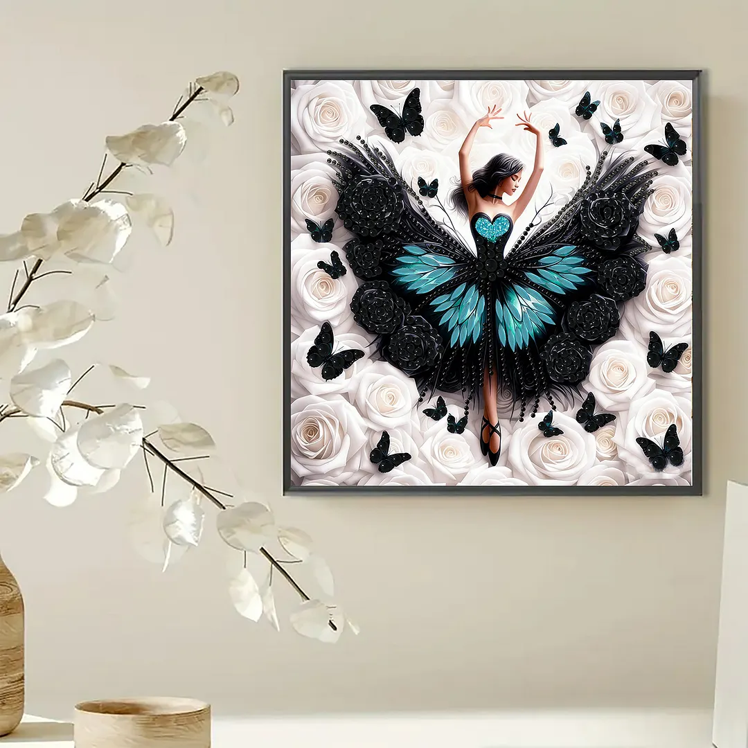Diamond Painting - Partial Special Shaped Drill - Black Butterfly Girl(Canvas|30x30cm)