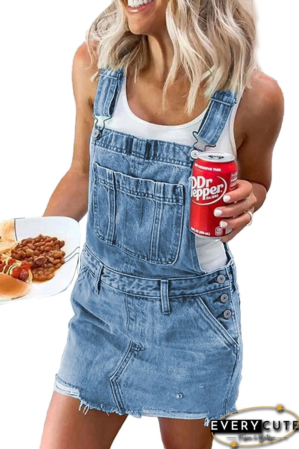 Blue Shoulder Strap Pockets Denim Overall Skirt Mini Dress