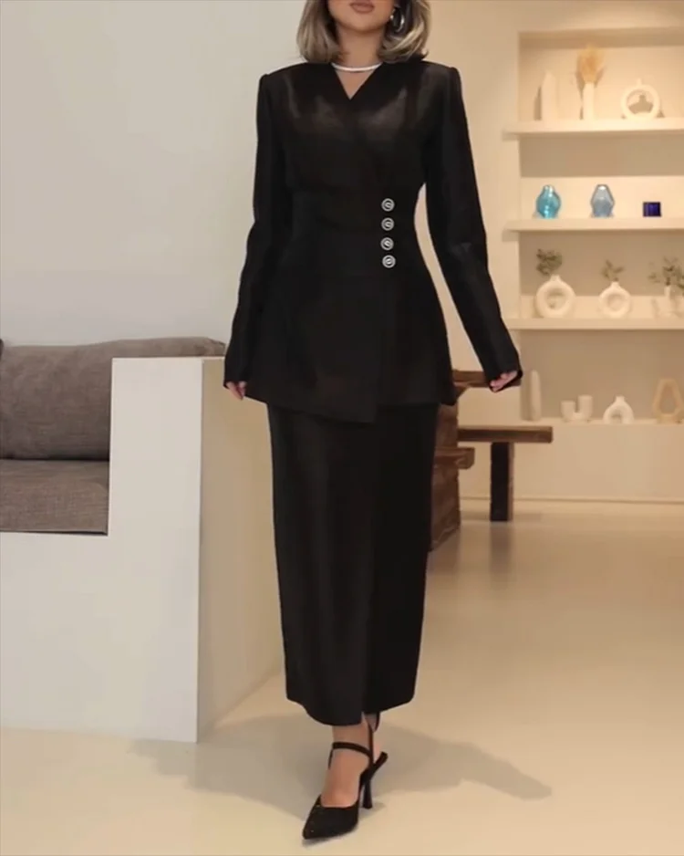 Women's Black V-Neck Two-Piece Suit