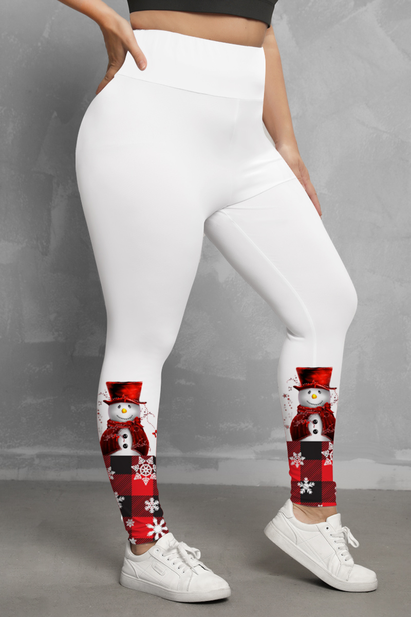 Flycurvy Plus Size Christmas Casual Red Plaid Snowflake Snowman Print Legging 2024 - Flycurvy 