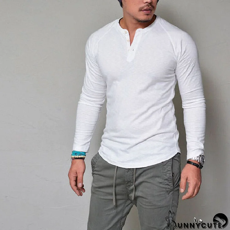 Men's Round Neck Button Down Long Sleeve T-Shirt