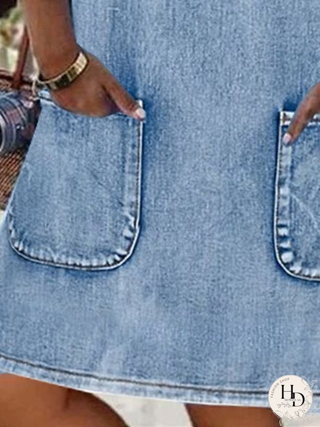 Denim Dress Casual Dress Shift Dress Midi Dress Denim Fashion Basic Outdoor Daily Vacation U Neck Pocket Short Sleeve Summer Spring Regular Fit Blue Plain S M L XL 2XL for Women